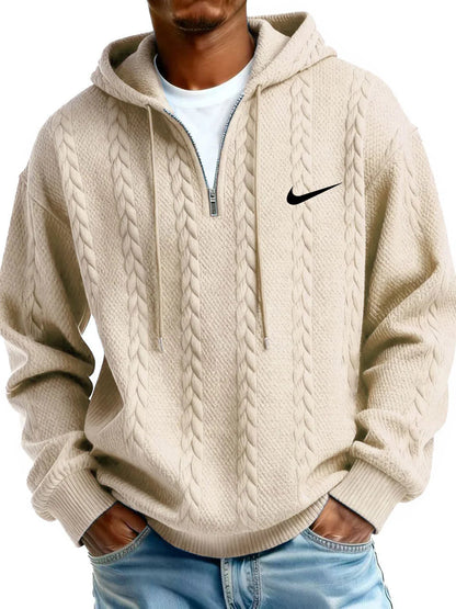 Half Zip Cable-Knit Textured Fleece Hoodie