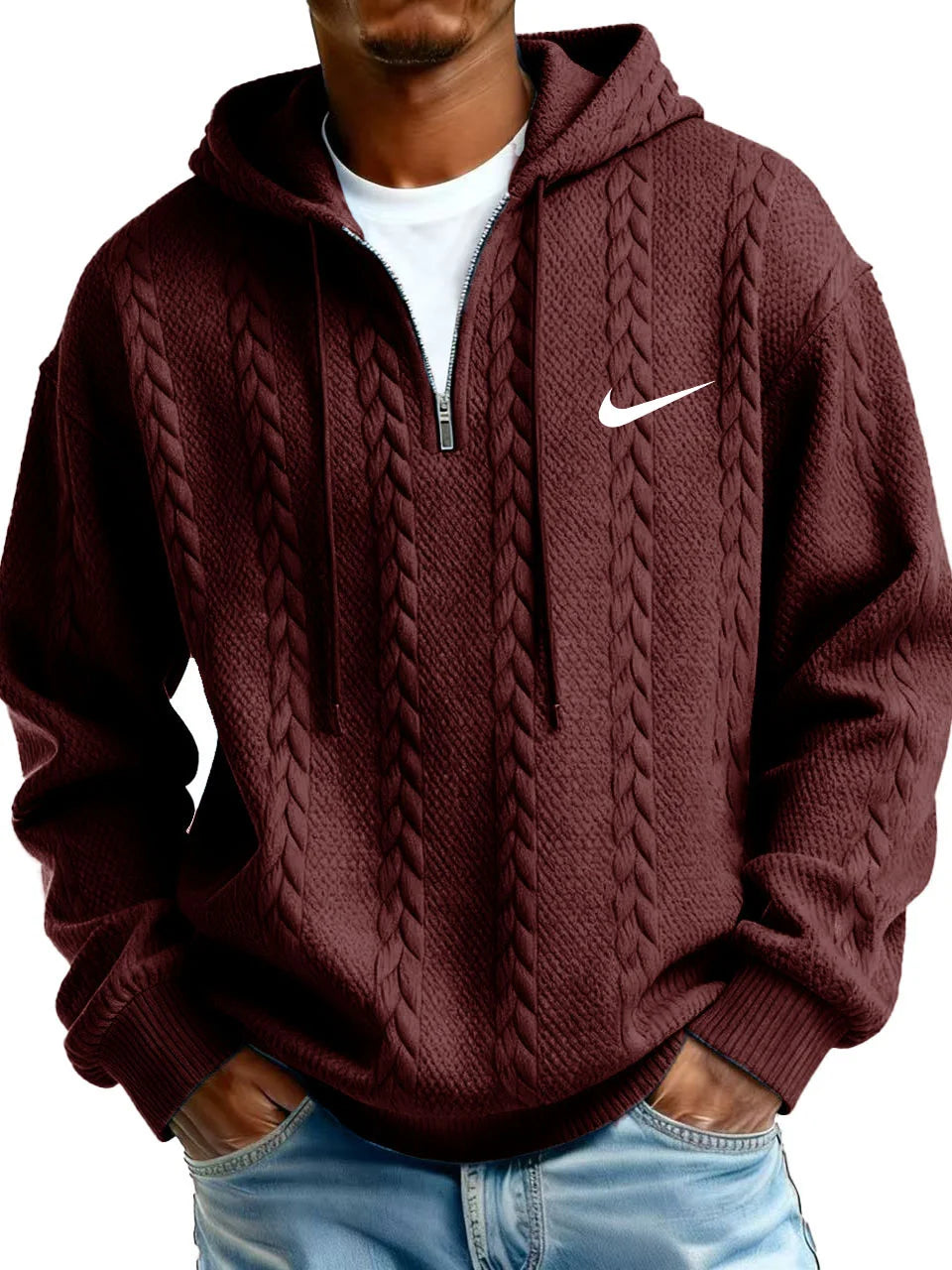 Half Zip Cable-Knit Textured Fleece Hoodie